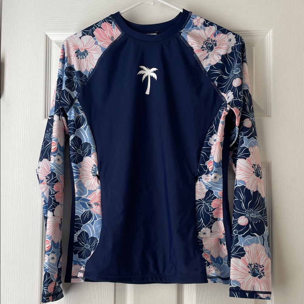 Navy Blue Floral Long-Sleeve Rash Guard Top
